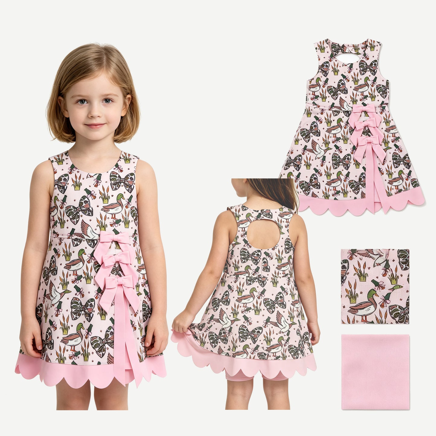 GSD4009 Duck Bows Print Girls Sleeveless Scallop Yoga Dress