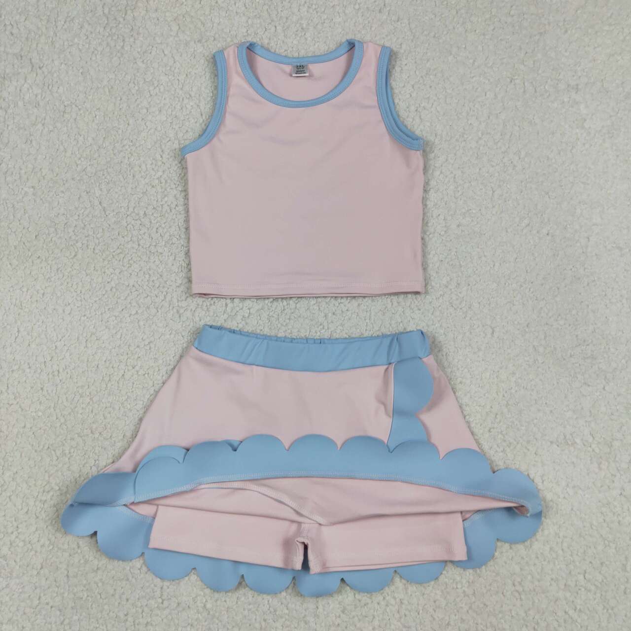 Toddler Sibling Kids Girls Light Pink with Blue Ruffle Dress & Skort Outfit Active Wear