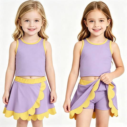 GSD4011 Lavender & Yellow Edge Tank Top Skort Baby Girls Scallop Active Clothes Set