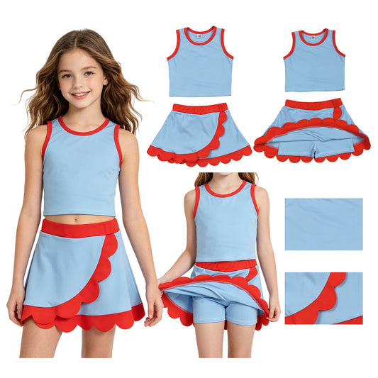 Toddler Girls Blue & Red Scalloped Edge 2-Piece Set | Sleeveless Top & Skort Active Outfit