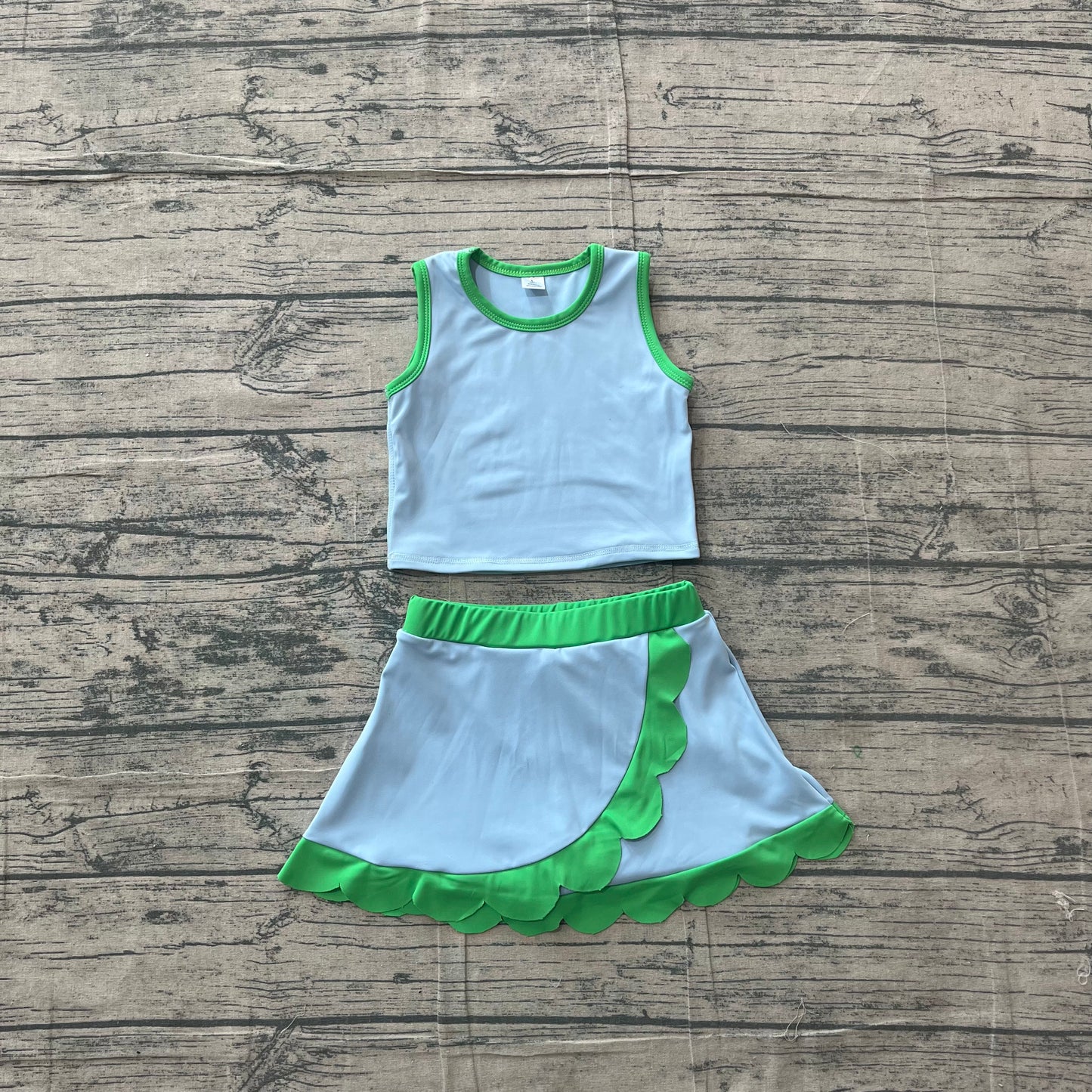 Preorder Kids Girls Light Blue & Green Scallop Active Skort Set