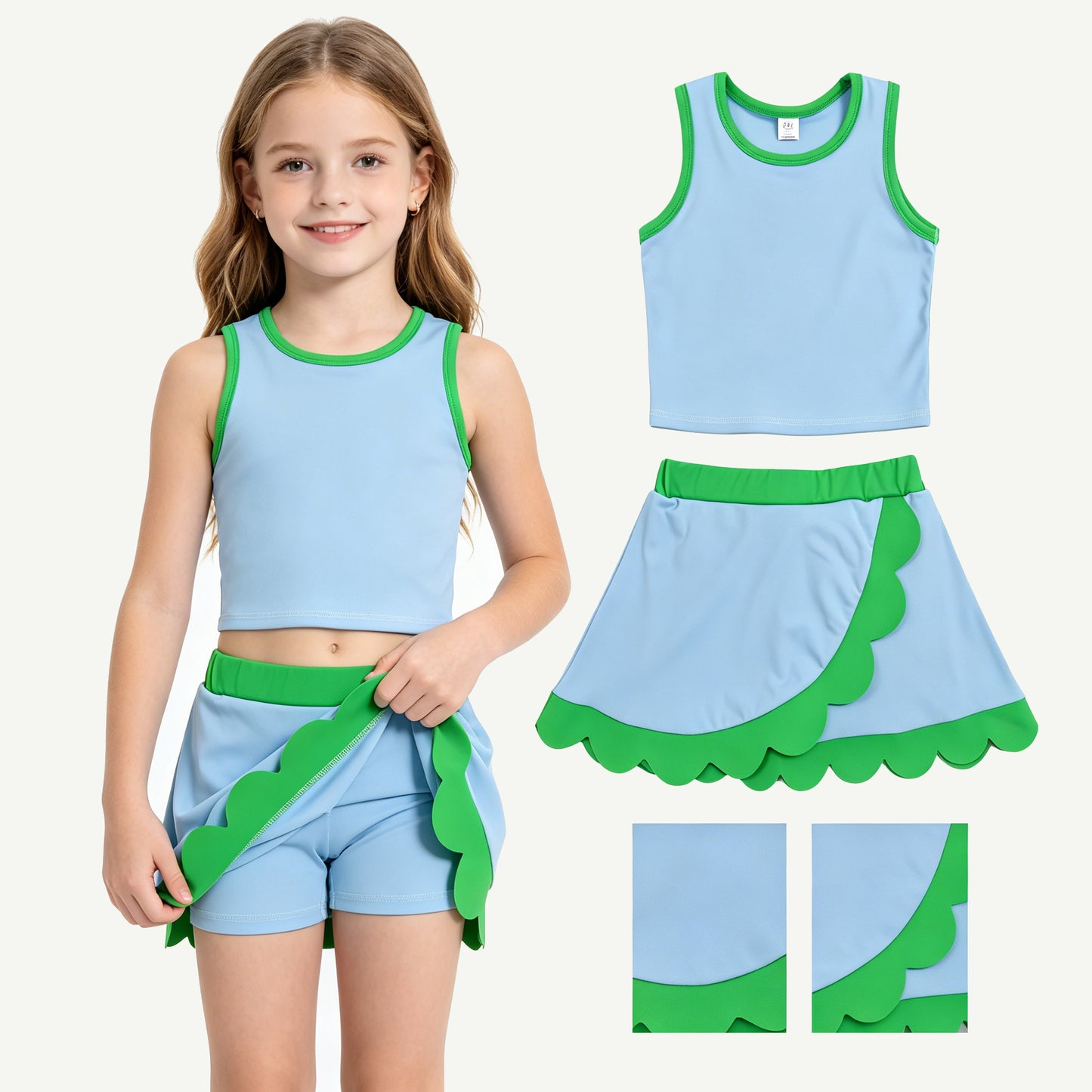 GSD4021  Blue Sleeveless Tank Top Green Scallop Edge Skort Girls Summer Yoga Clothes Set