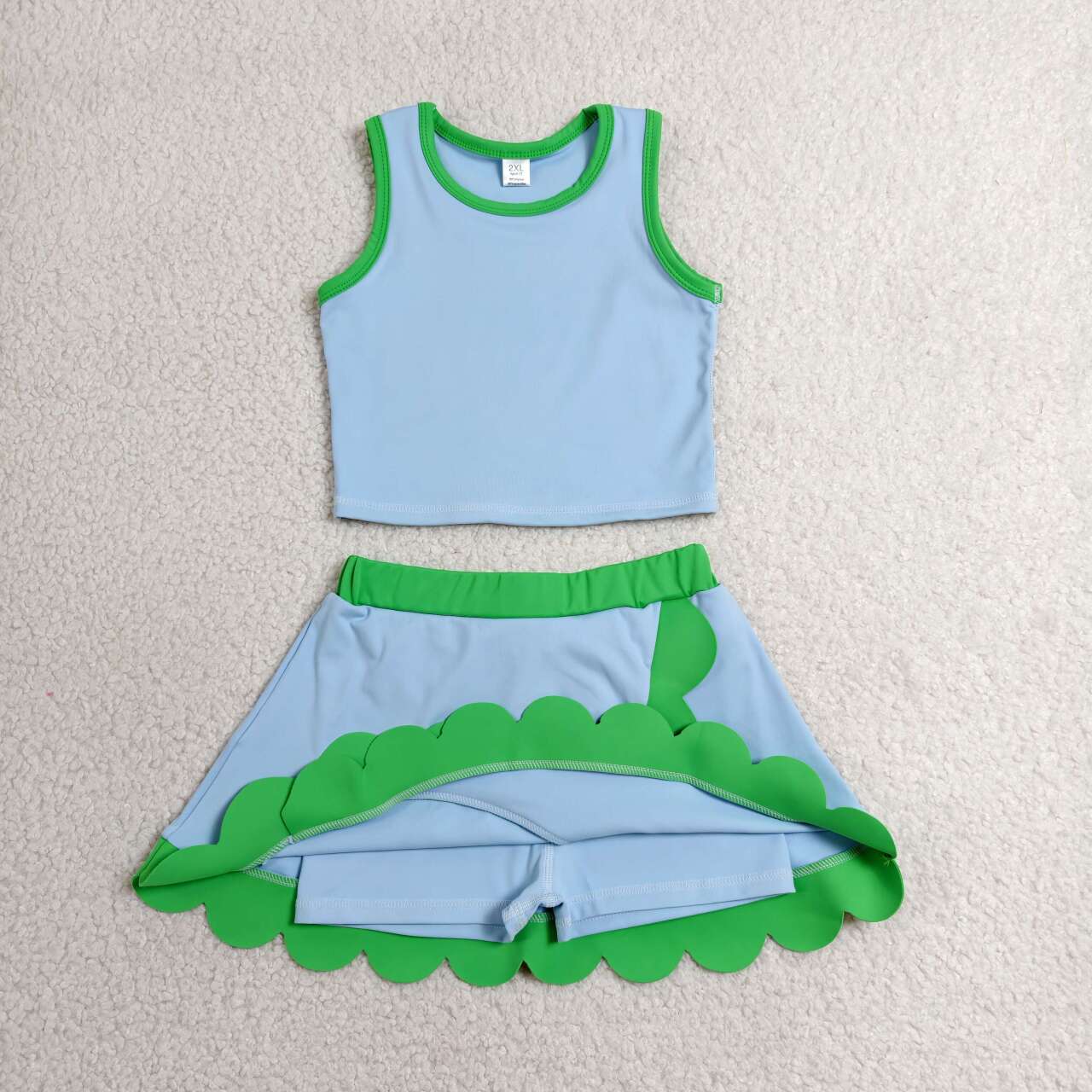 GSD4021  Blue Sleeveless Tank Top Green Scallop Edge Skort Girls Summer Yoga Clothes Set