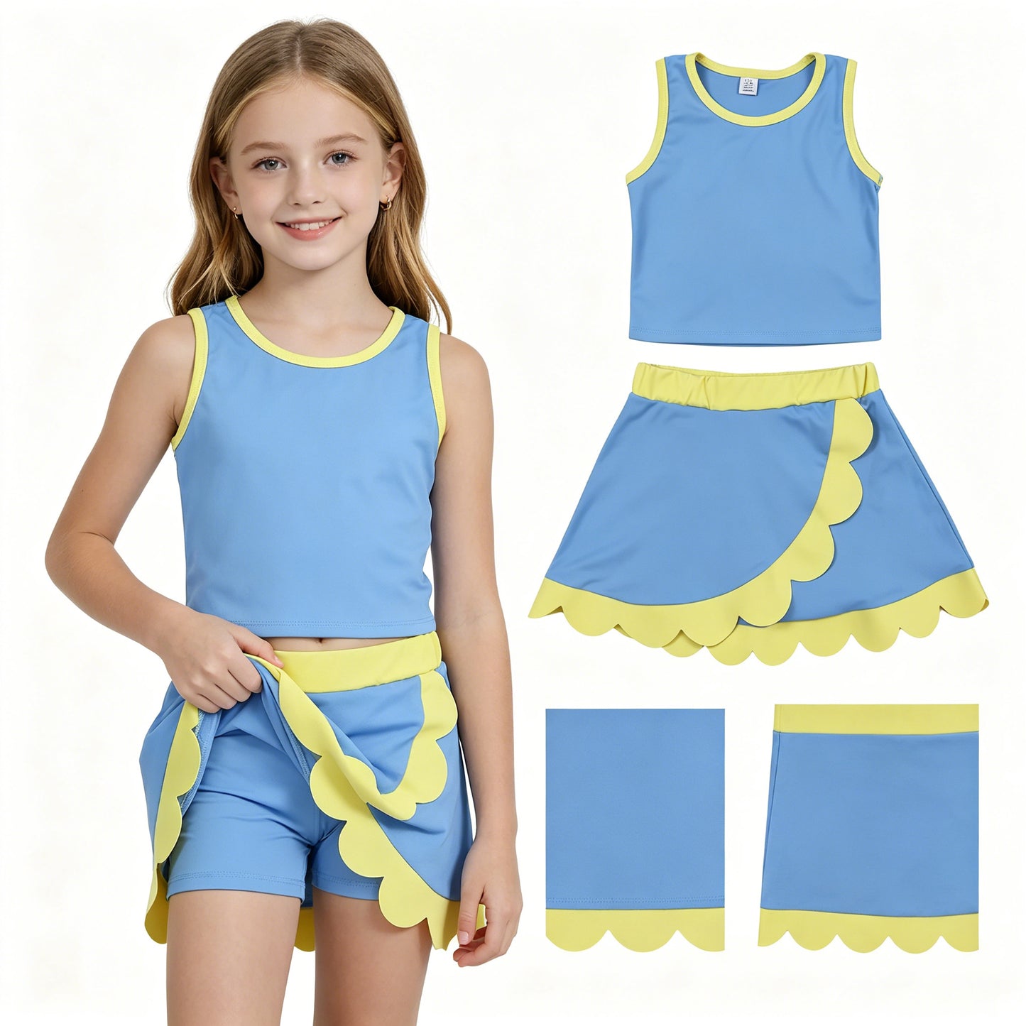 Toddler Girls Blue & Yellow Scalloped Edge 2-Piece Set | Tank Top & Skort Active Outfit