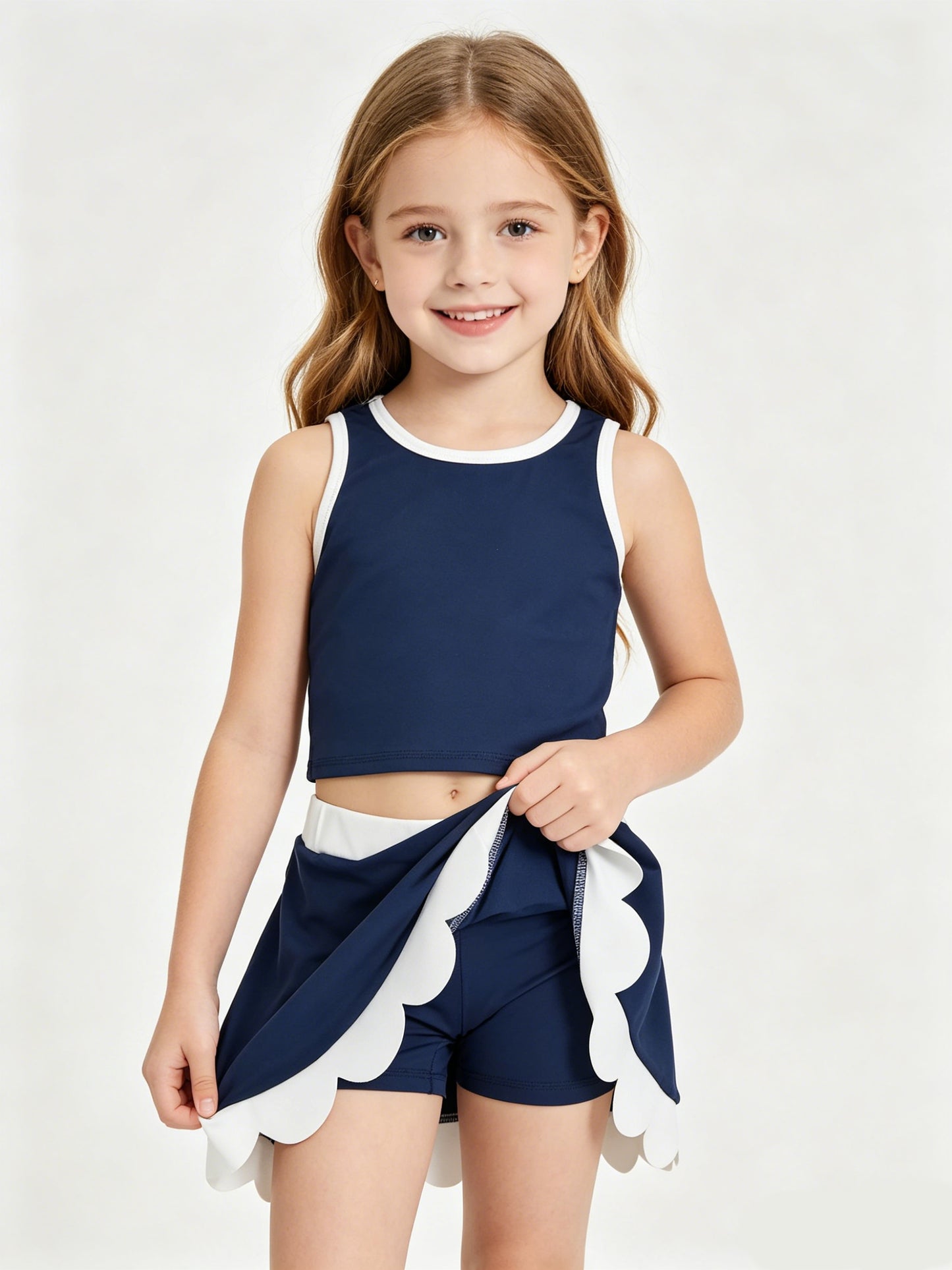 20 Solid Colors Tank Top Scallop Edge Skort Baby Girls Active Clothes Set Sisters Yoga Outfits