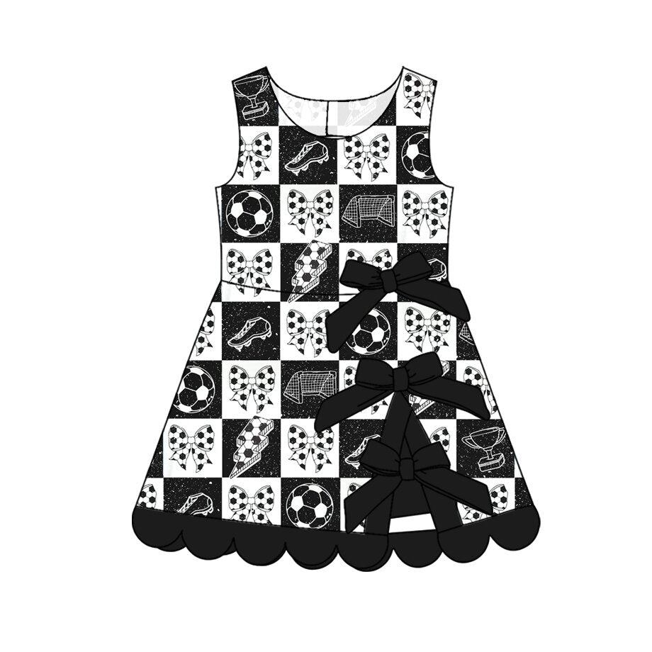 4.2 Toddler Girls Soccer Black Bow Print Sleeveless Scalloped Active Dress Preorder