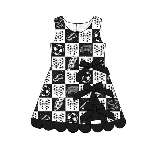 4.2 Toddler Girls Soccer Black Bow Print Sleeveless Scalloped Active Dress Preorder