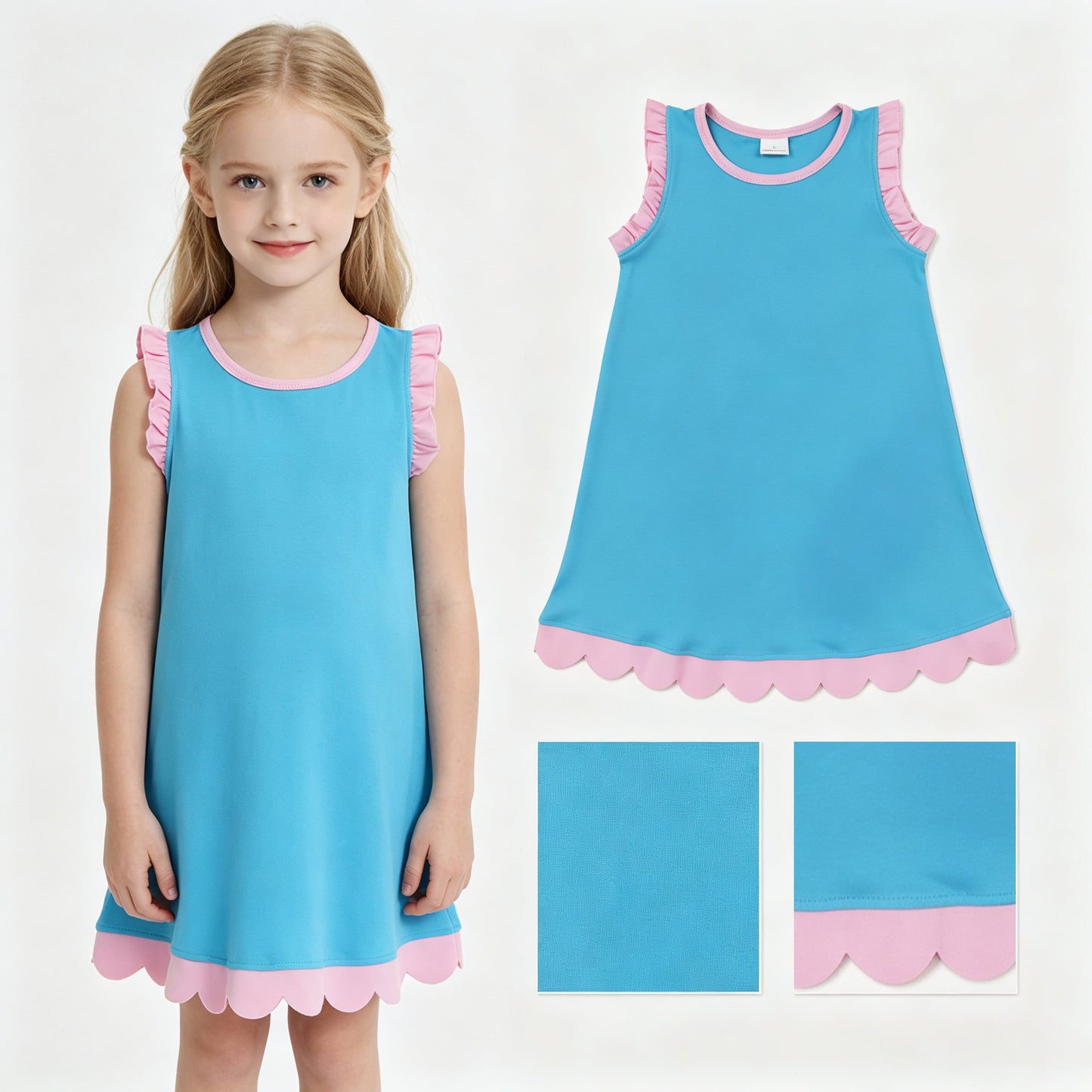 GSD4045 Blue Cotton Pink Scallop Edge Ruffle Toddler Girls Summer Dress