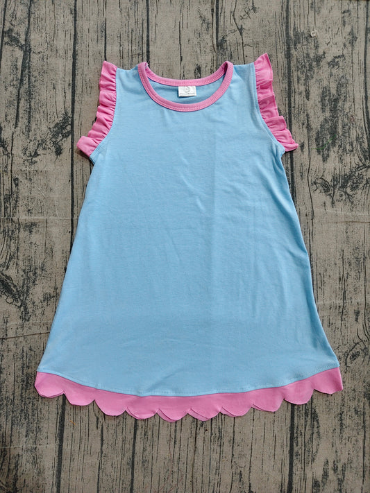 Toddler Girls Blue Pink Scalloped Edge Ruffle Tank Dress Preorder