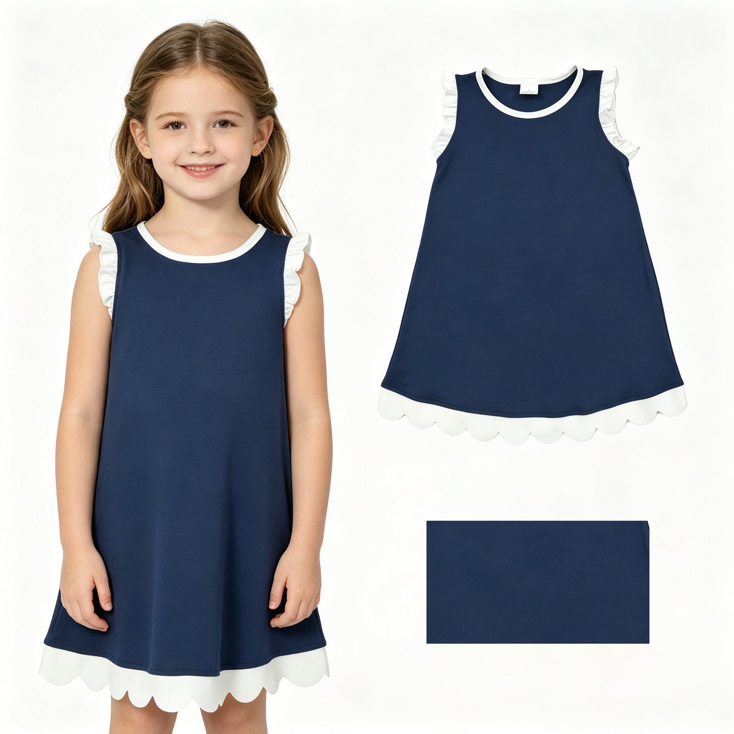 Toddler Navy Cotton Scalloped Edge Ruffle Girls Summer Dress