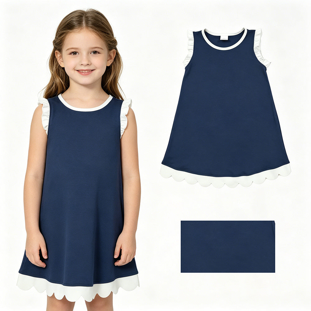 15 Colors Cotton Scalloped Edge Ruffle Girls Knee Length Dress Teams Sisters Wear