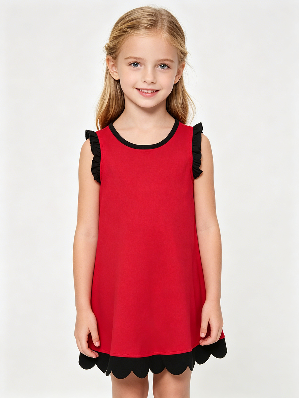 GSD4057 Red Cotton Black Scallop Edge Toddler Girls Summer Dress