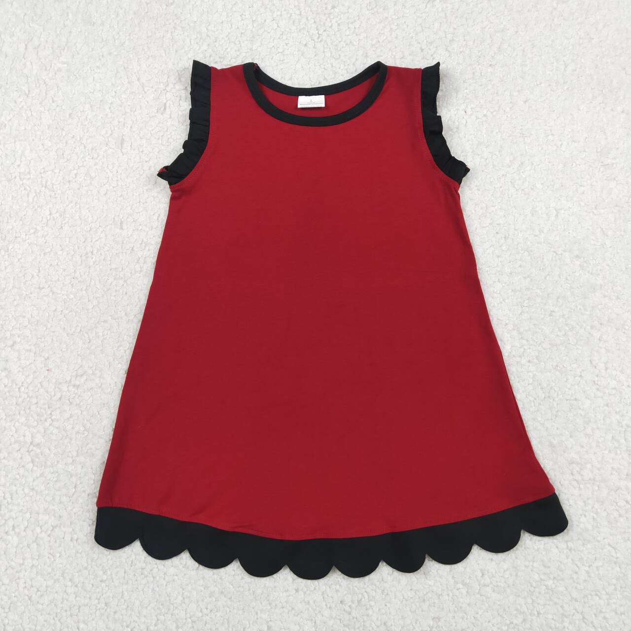 GSD4058 Wine Cotton Black Scallop Edge Toddler Girls Summer Dress