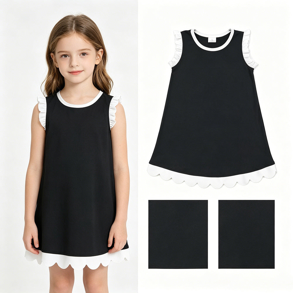 15 Colors Cotton Scalloped Edge Ruffle Girls Knee Length Dress Teams Sisters Wear