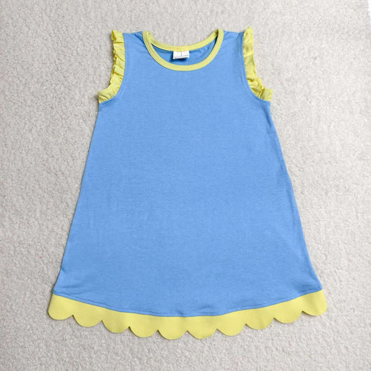 GSD4061 Blue Cotton Scalloped Edge Ruffle Girls Knee Length Dress