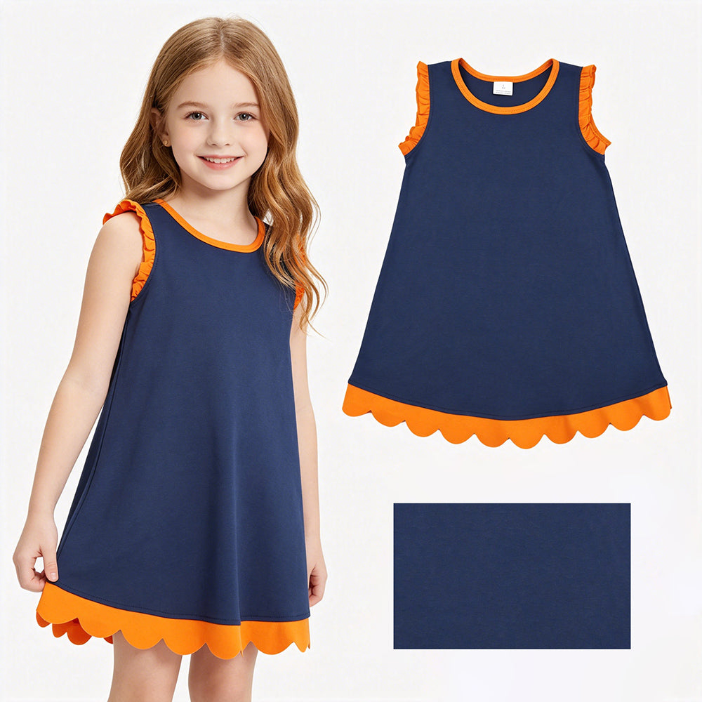 GSD4062 Navy Cotton Orange Scallop Edge Toddler Girls Summer Dress