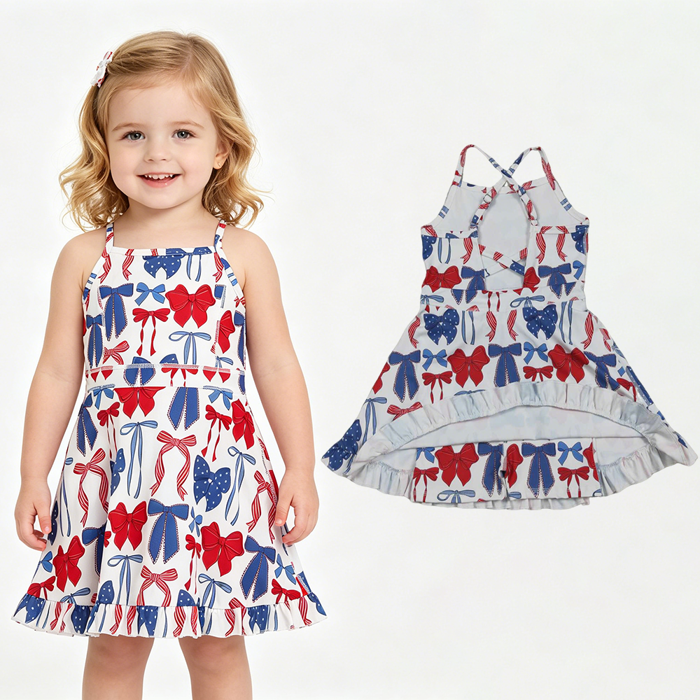GSD4064 Red Blue Bows Strap Ruffle Baby Girls 4th of July Yoga Dresses