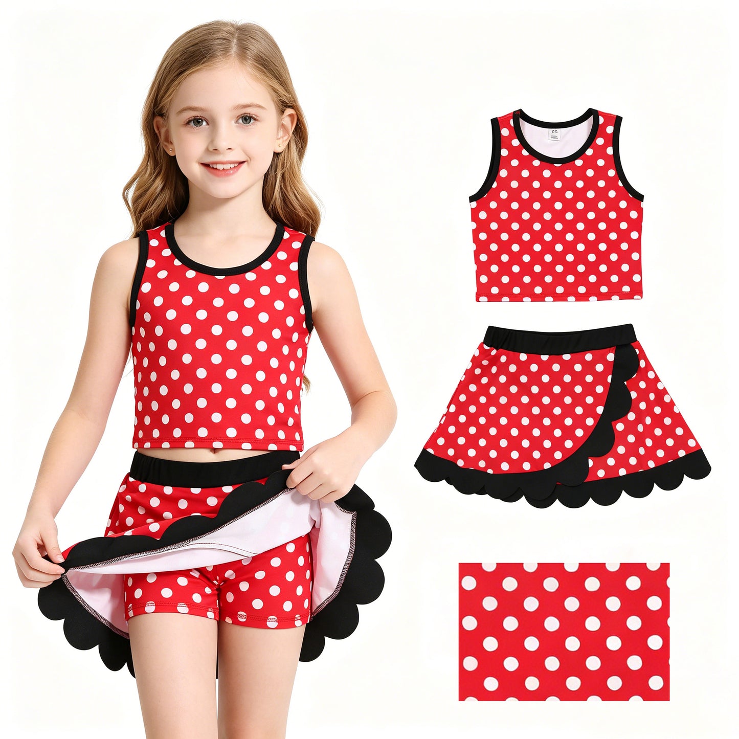 Red Dots Sleeveless Top Scallop Skirts Girls Summer Yoga Clothes Set