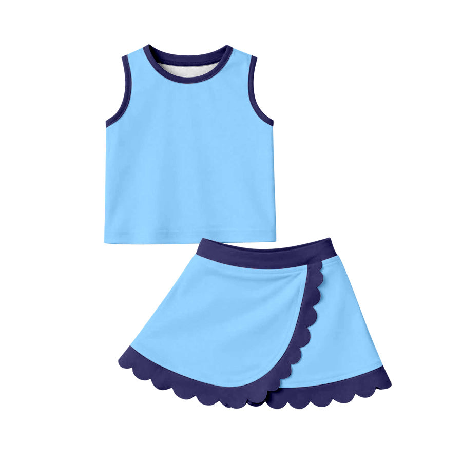 4.9 GSD4082 Preorder Blue Sleeveless Top Scallop Skirts Girls Summer Yoga Clothes Set