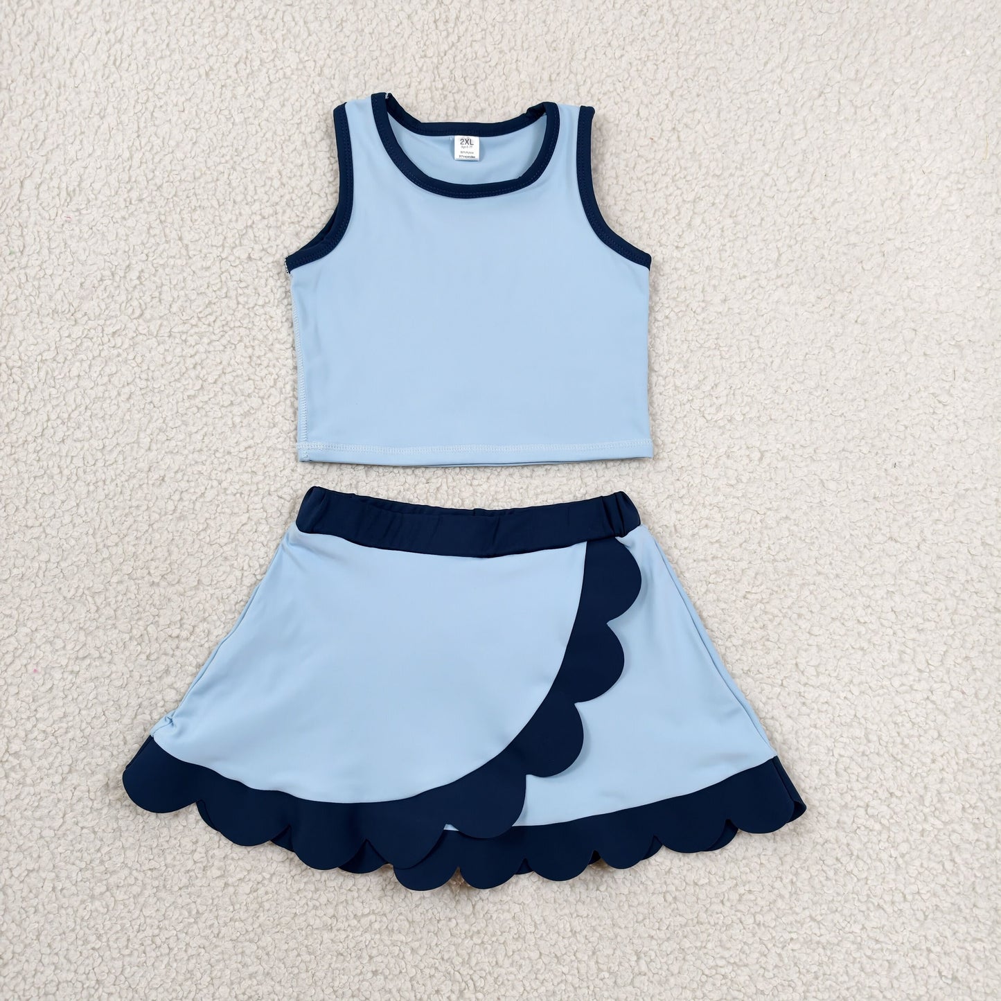 GSD4082 Blue Sleeveless Tank Top Navy Scallop Edge Skort Girls Summer Yoga Clothes Set