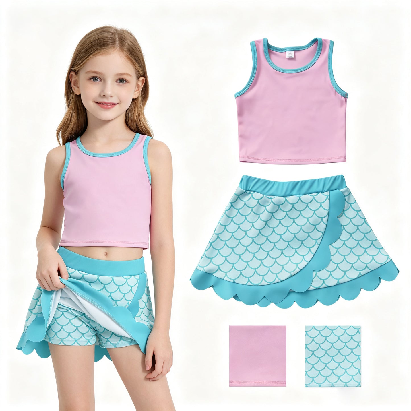 GSD4083 Pink Sleeveless Tank Top Scales Scallop Skort Girls Summer Yoga Clothes Set
