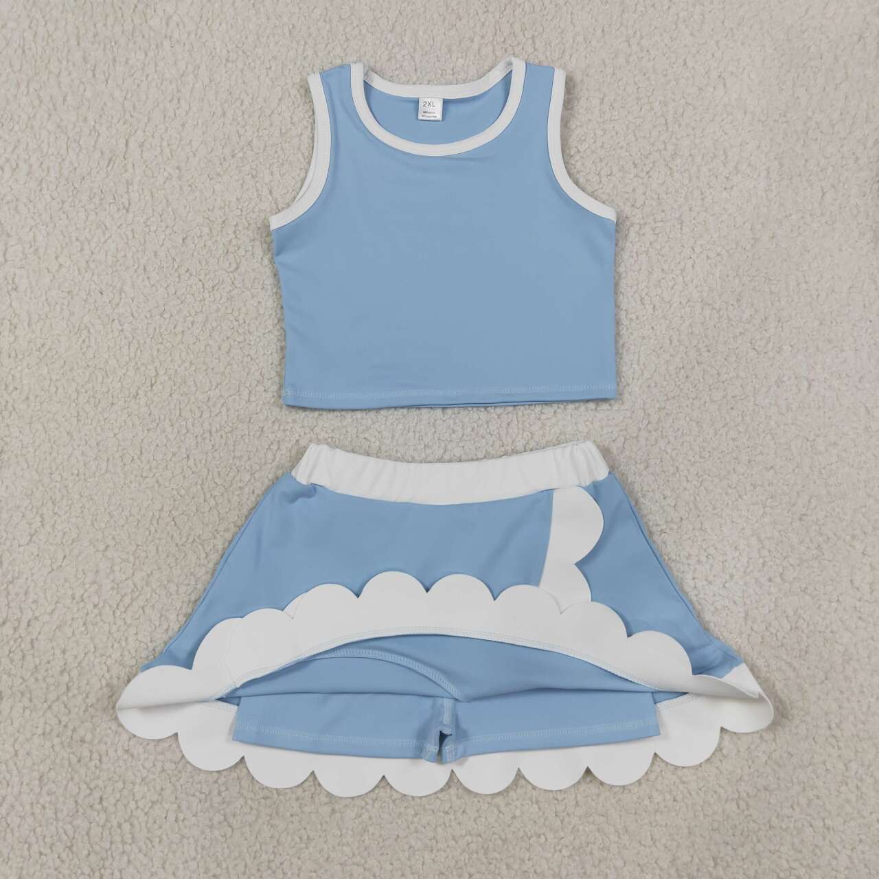 GSD4084 Blue Tank Top White Scallop Edge Skort Girls Active Clothes Yoga Outfits