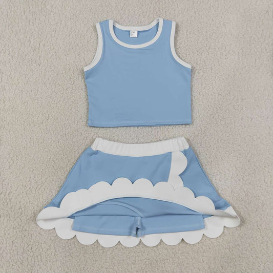 GSD4084 Blue Tank Top White Scallop Edge Skort Girls Active Clothes Yoga Outfits
