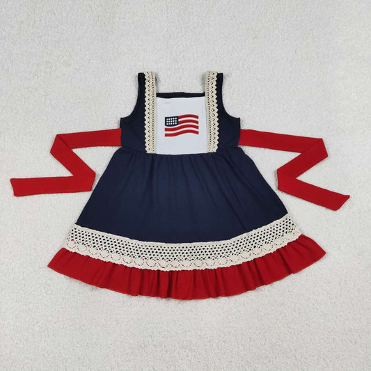 (Promotion)GSD4087 Toddler Girls Flag Embroidery Navy 4th of July Ruffles Dress