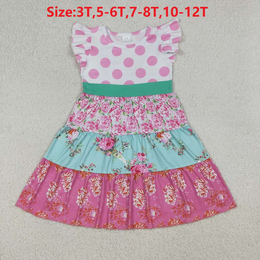 (Promotion) Toddler GIrls Vintage Floral Pink Polka Dot Flutter Sleeve Dress