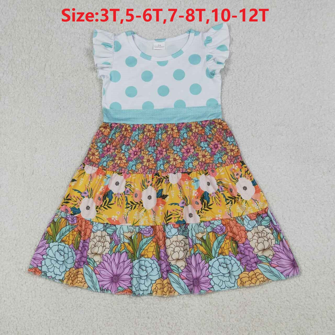 (Promotion) Toddler GIrls Vintage Floral Blue Polka Dot Flutter Sleeve Dress