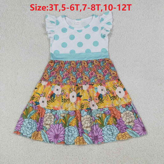 (Promotion) Toddler GIrls Vintage Floral Blue Polka Dot Flutter Sleeve Dress