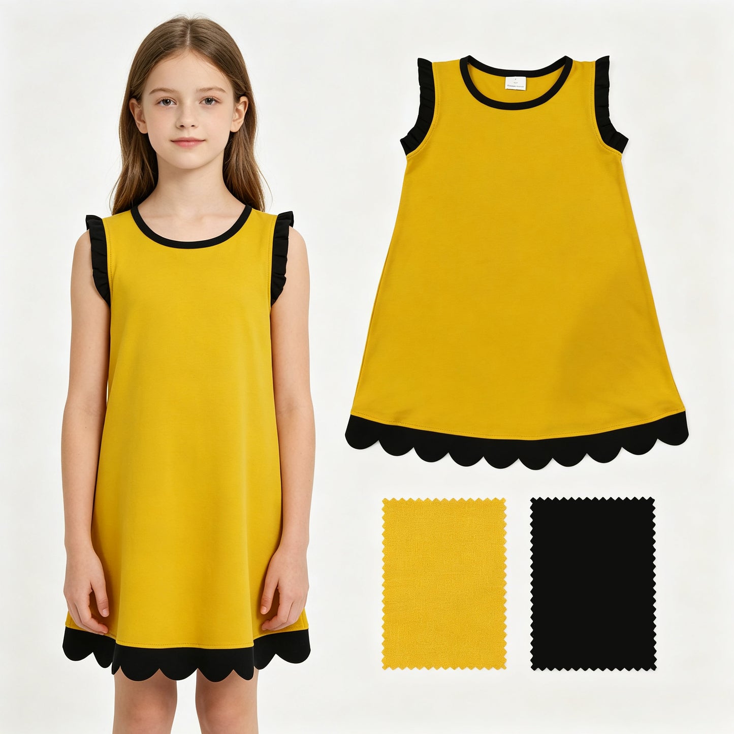 GSD4098 Mustard Cotton Black Scallop Edge Toddler Girls Summer Dress