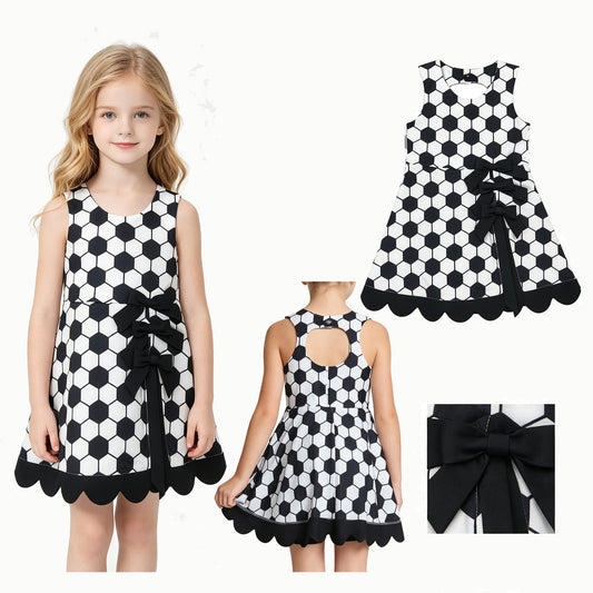 GSD4102  Soccer Black Girls Summer Bows Scallop Knee Length Yoga Dress
