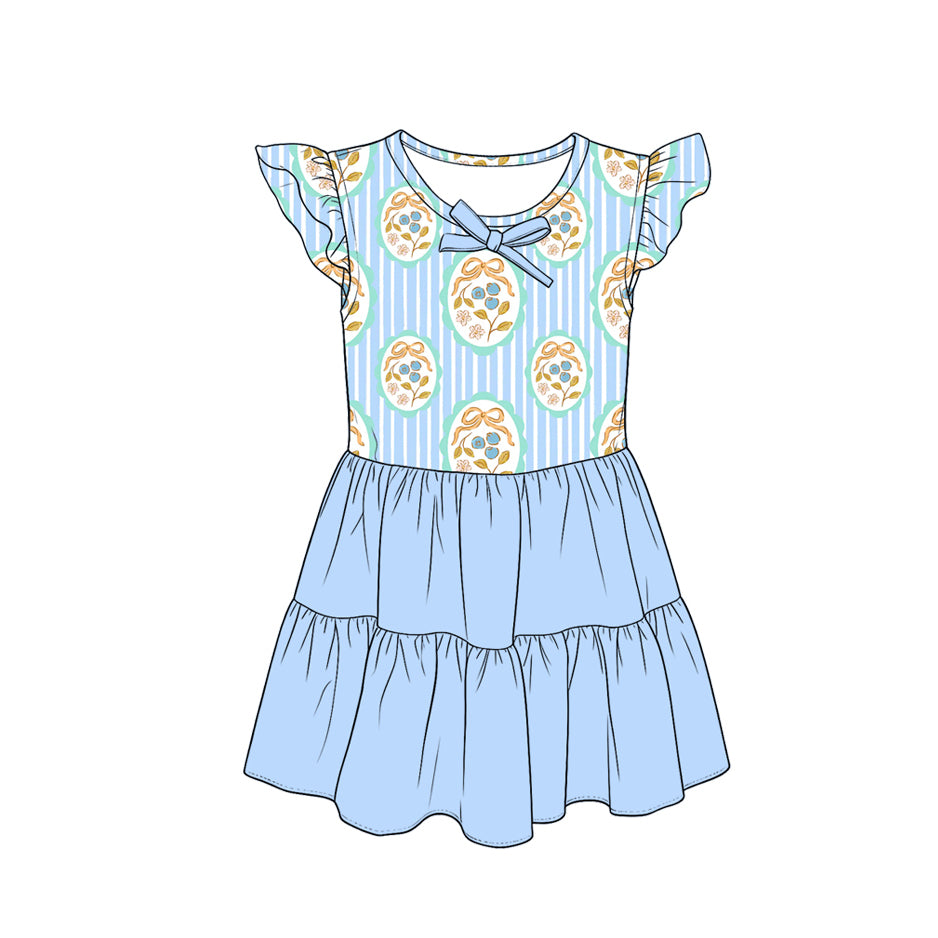 4.15 GSD4105 Preorder Flowers Stripes Blue Girls Knee-length Dress