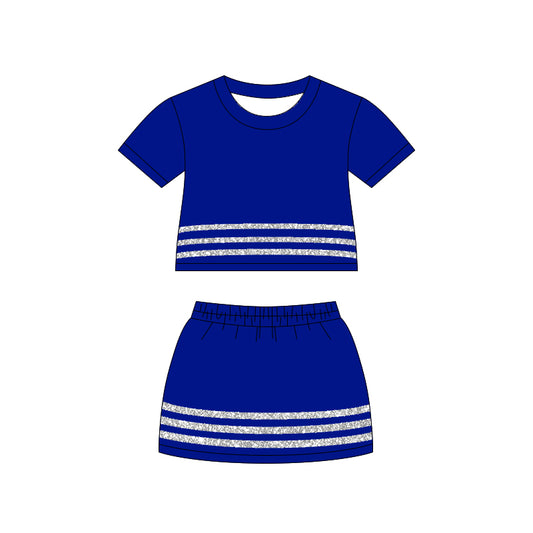 Girls Royal Blue Cheerleading Outfit with Silver Glitter Stripes, Kids Cheer Practice Skirt Set