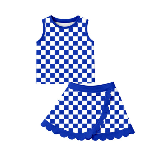 4.15 GSD4110 Preorder Blue Plaid Sleeveless Top Scallop Skirts Girls Summer Yoga Clothes Set
