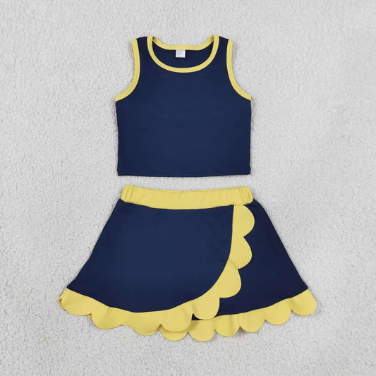 GSD4111 Navy Tank Top Yellow Scallop Edge Skort Girls Active Clothes Yoga Outfits