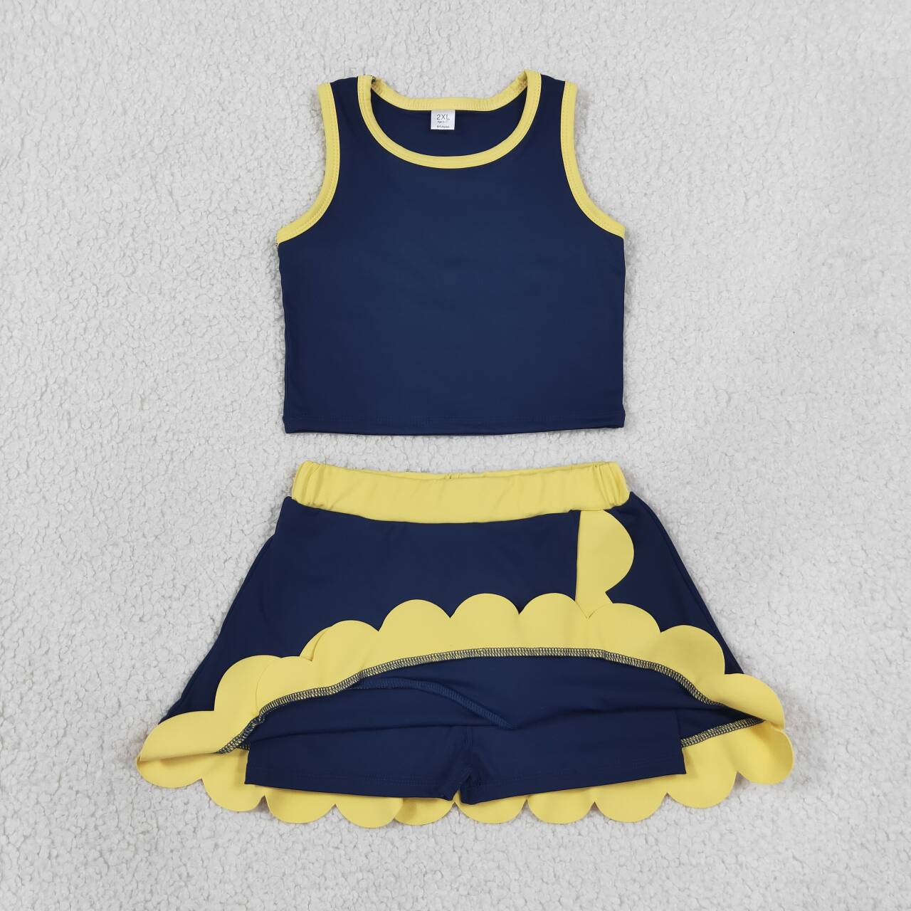 GSD4111 Navy Tank Top Yellow Scallop Edge Skort Girls Active Clothes Yoga Outfits