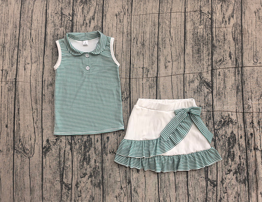 GSD4121 Preorder Green Stripes Sleeveless Top Ruffle Skort Baby Girls Yoga Clothes Set