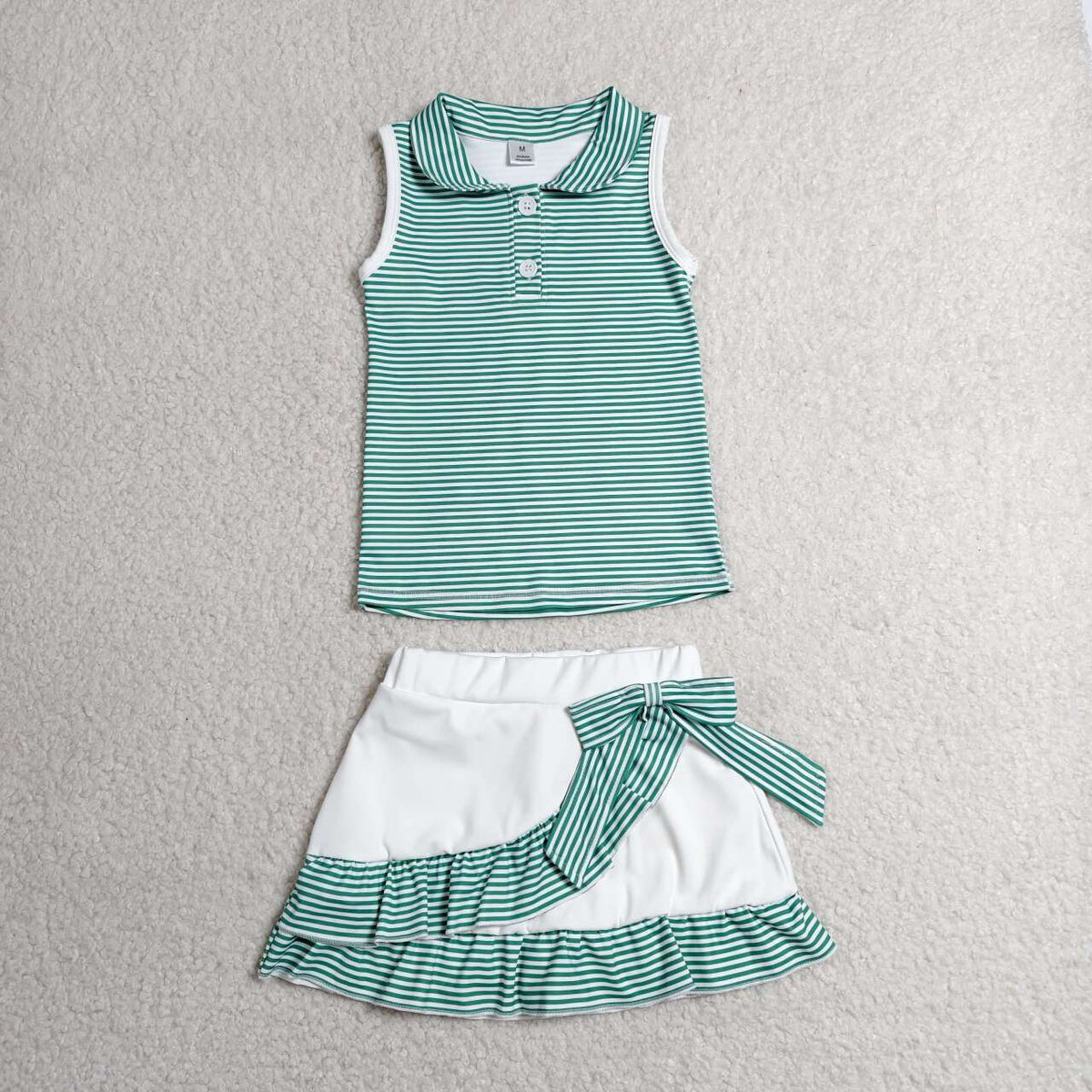 GSD4121 Green Stripes Sleeveless Top Ruffle Skort Baby Girls Yoga Clothes Set