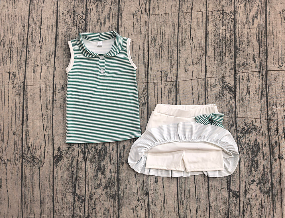 GSD4121 Preorder Green Stripes Sleeveless Top Ruffle Skort Baby Girls Yoga Clothes Set