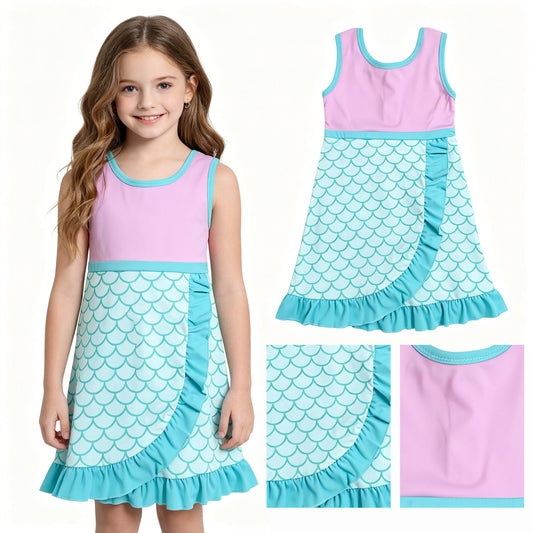 GSD4125 Pink & Scales Girls Sleeveless Ruffle Yoga Zipper Dress
