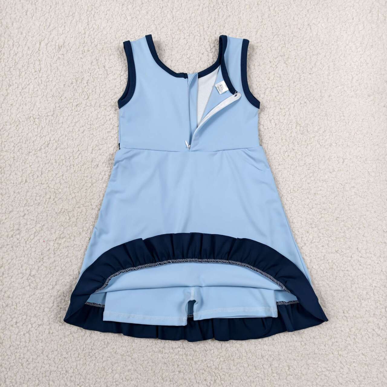 GSD4126 Blue & Navy Girls Sleeveless Ruffle Yoga Zipper Dress
