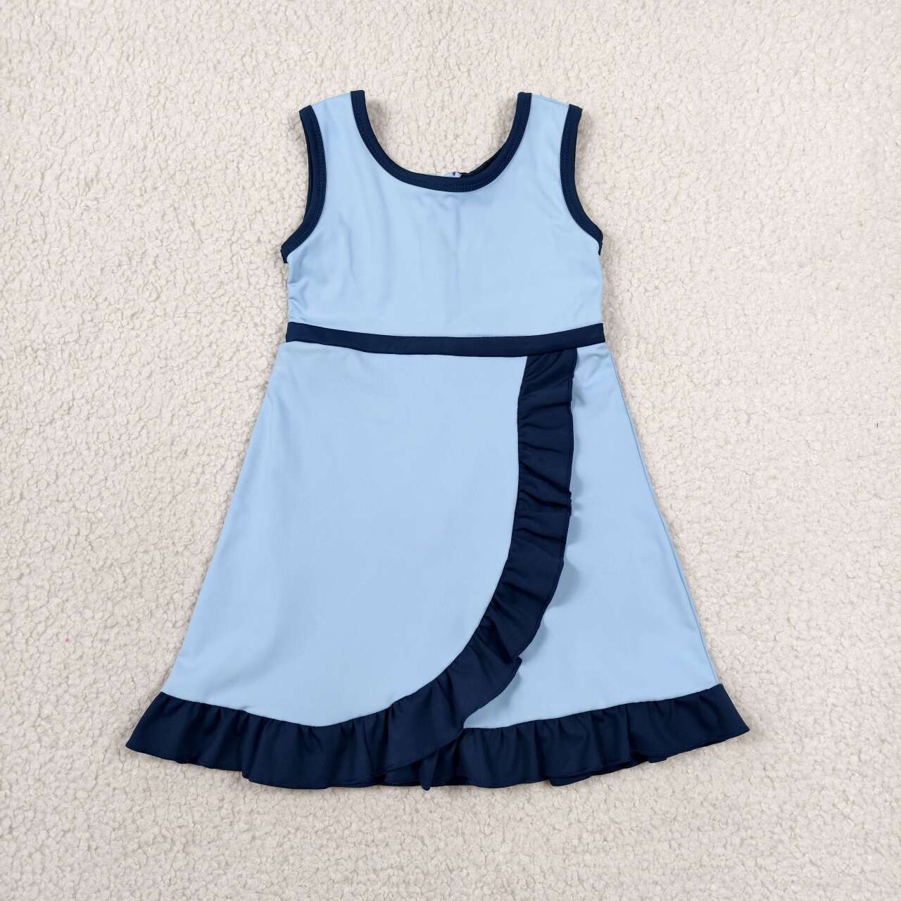 Toddler Sibling Kids Girls Light Blbe with Navy Ruffle Dress & Skort Outfit Active Wear