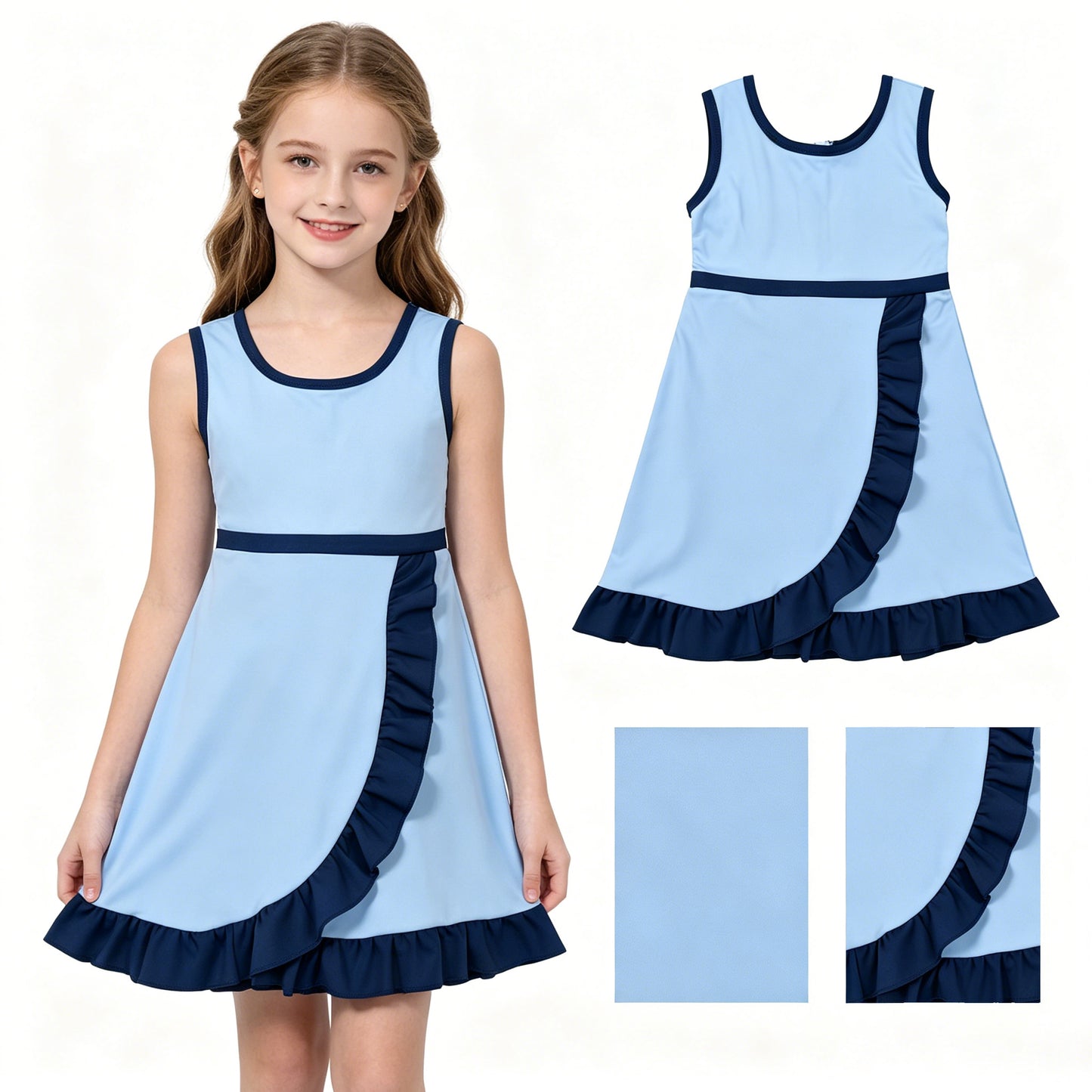 GSD4126 Blue & Navy Girls Sleeveless Ruffle Yoga Zipper Dress