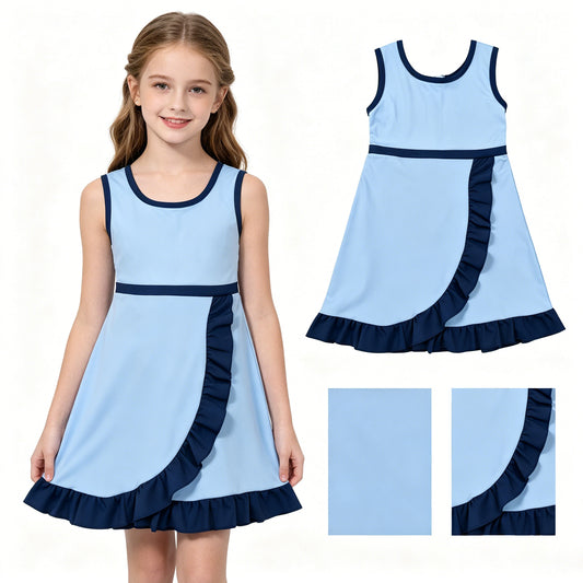 GSD4126 Blue & Navy Girls Sleeveless Ruffle Yoga Zipper Dress