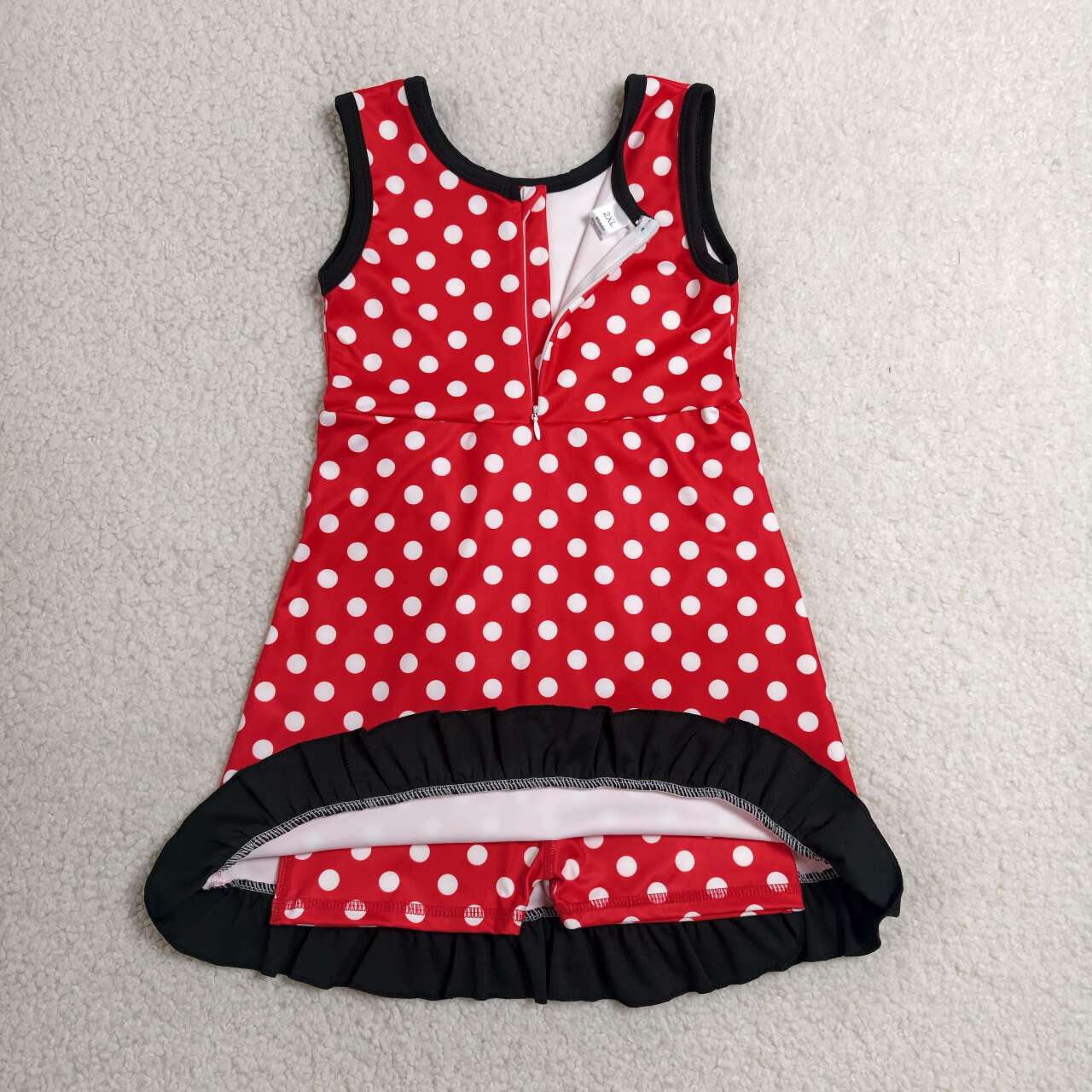 GSD4128 Red Dots Girls Sleeveless Ruffle Yoga Zipper Dress