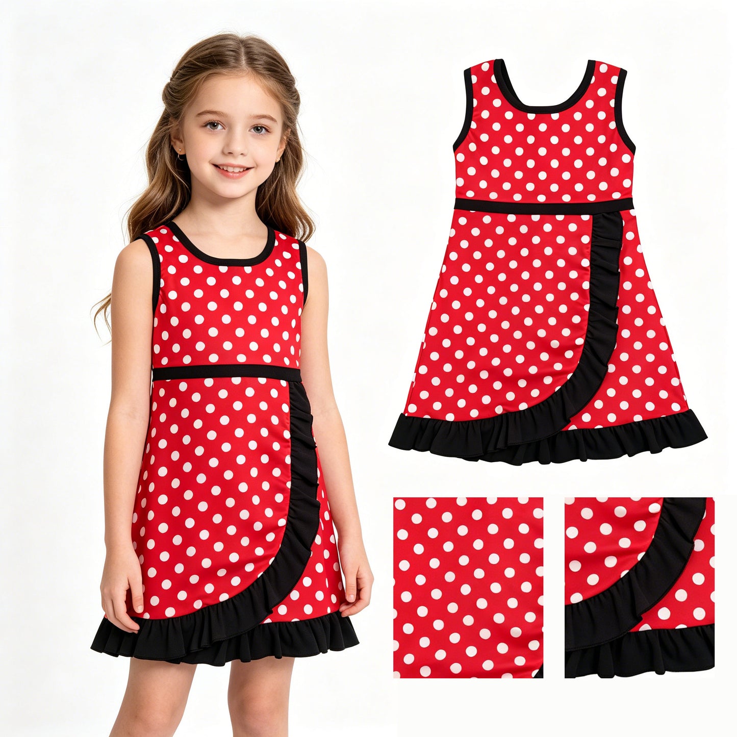 GSD4128 Red Dots Girls Sleeveless Ruffle Yoga Zipper Dress