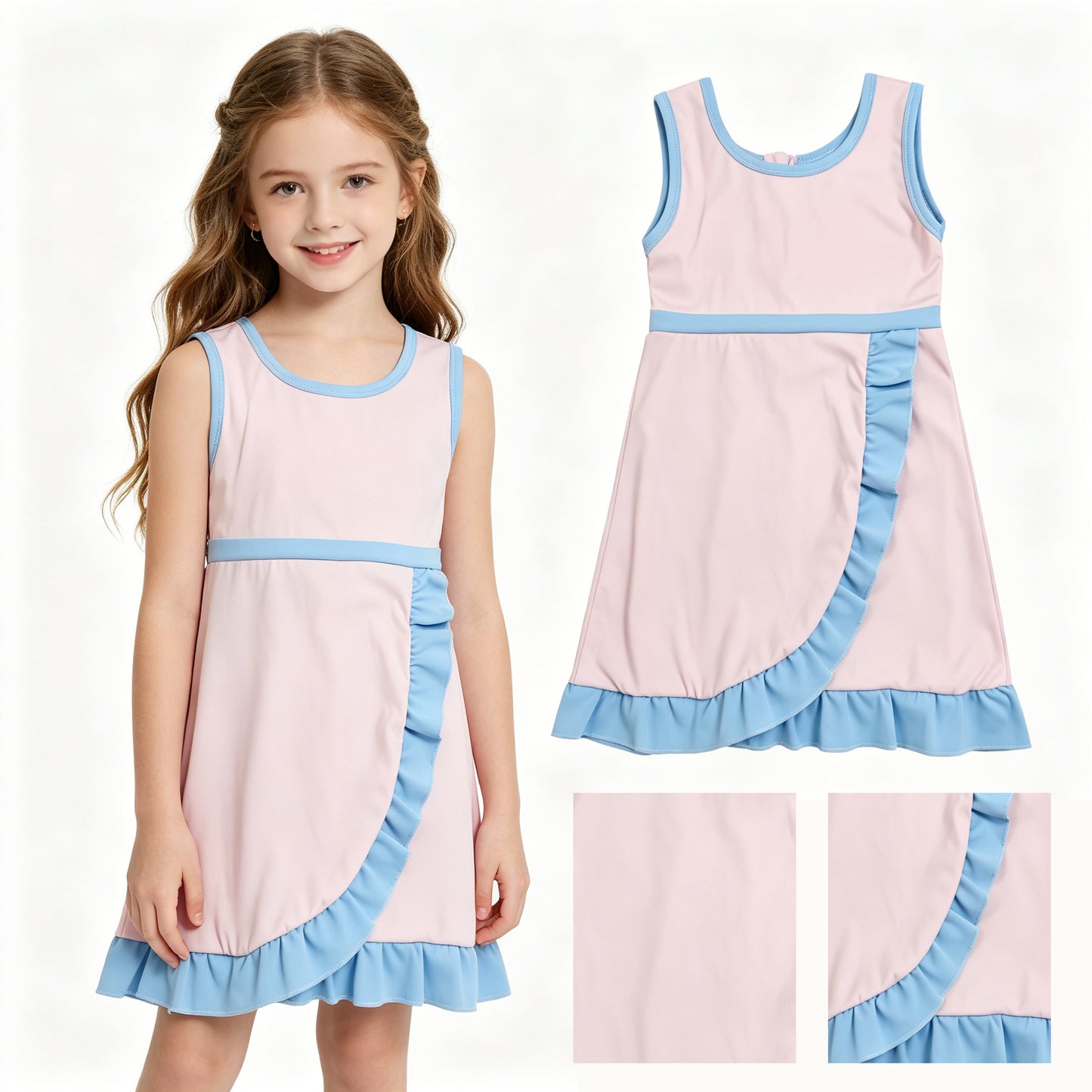 GSD4129 Pink & Blue Girls Sleeveless Ruffle Yoga Zipper Dress