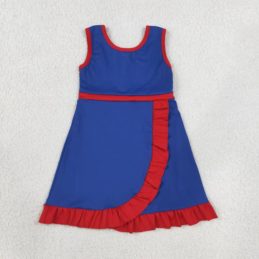GSD4133 Blue & Red Girls Sleeveless Ruffle Zipper Yoga Dress